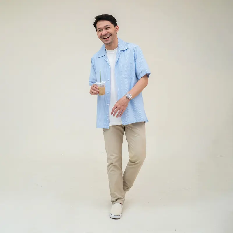 Kemeja Garis Pria WOODCUTTER Open Collar Ratcher Stripes - Blue Pendek 5