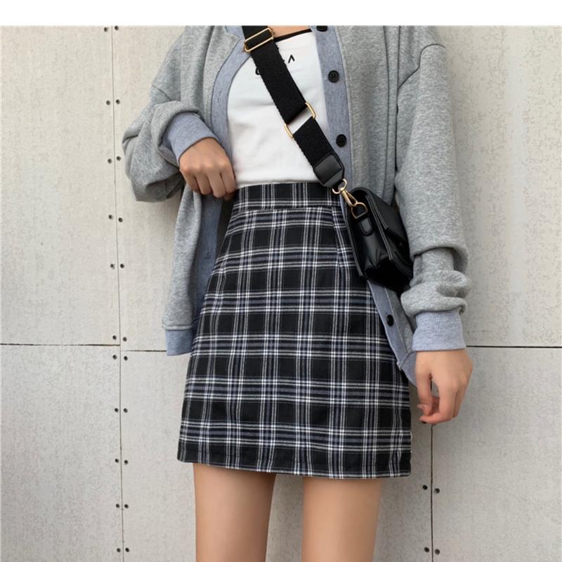 Product Introduction of Half length skirt, women's autumn outfit, new plaid bag buttacks half length skirt, black college style high waist slimming bag buttons A-line short skirt 11