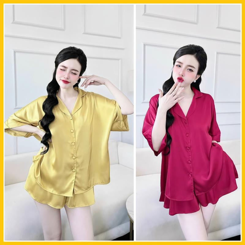 Đồ bộ ngủ pijama đùi cánh dơi dành cho nữ họa tiết trơn chất liệu lụa latin mịn mát Quần Ngủ