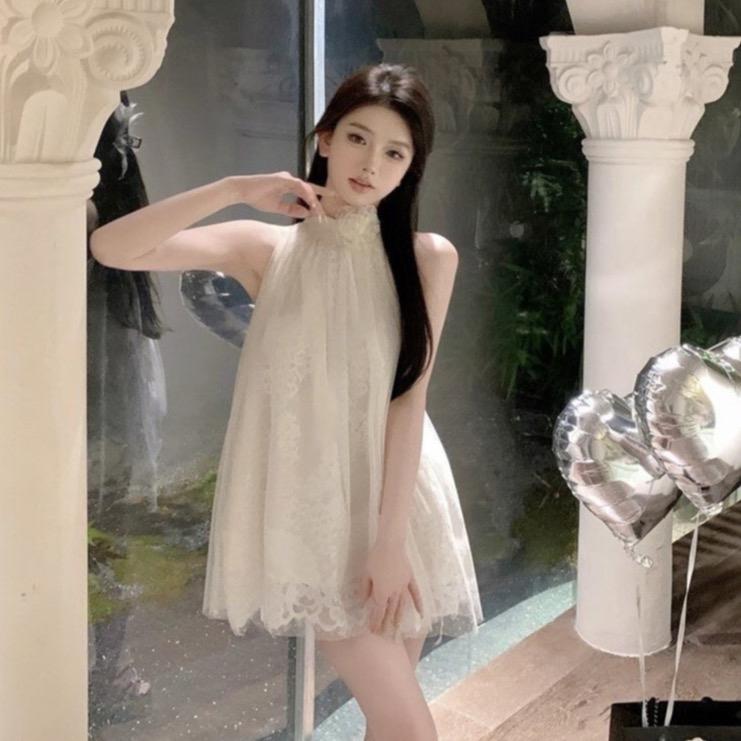 Đầm váy cổ yếm phối ren hoa dáng ngắn baby doll, đầm nữ đi tiệc thời trang Hàn Quốc 2024 SP138