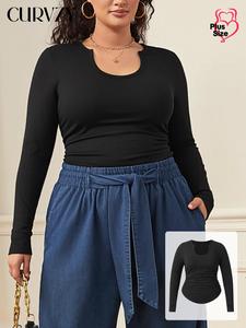 CURVZY Plus Size Solid Notched Neck Top, Casual Long Sleeve Top for Spring & Fall, Women's Clothing for Daily Wear
