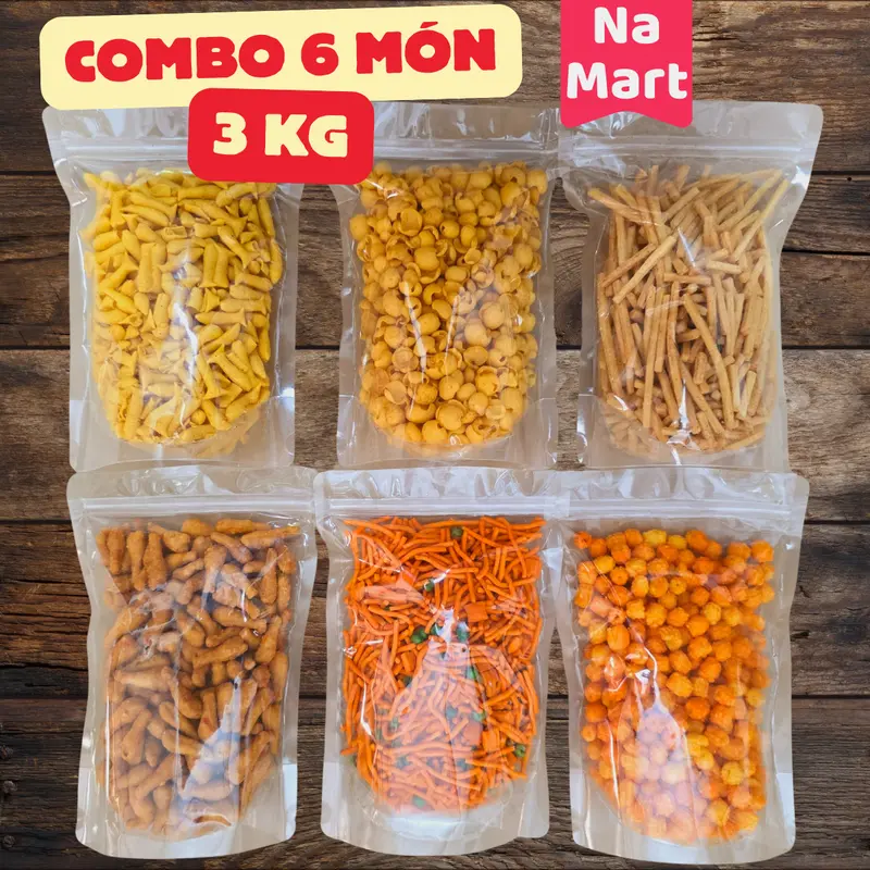 Combo 6 món (3kg Đủ, Miễn Phí Vận Chuyển) Xương Chó 500g - Nui Chiên Bơ 500 g - Tăm Que Ngó Sen 500g - Tăm Đậu Hà Lan 0.5kg - Bim Cá 0.5 kg - Đùi Gà Cay Giòn 500gr 0