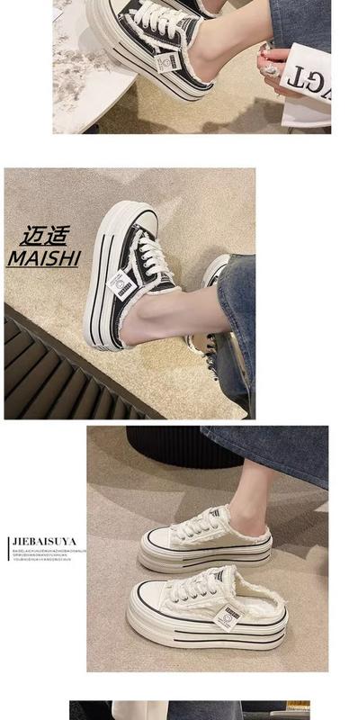 Product Introduction of Canvas Slippers for Women Summer Wear 2023 New Toe Cap Semi Slipper Thick Bottom Casual All-Match Heel-Free Lazy Women's Shoes 7
