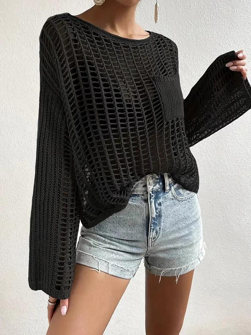 Product Introduction of Women's Plain Hollow Out Pocket Sheer Drop Shoulder Sweater, Casual Long Sleeve Crochet Jumper for Summer, Fashion Women's Knitwear for Daily Wear 9