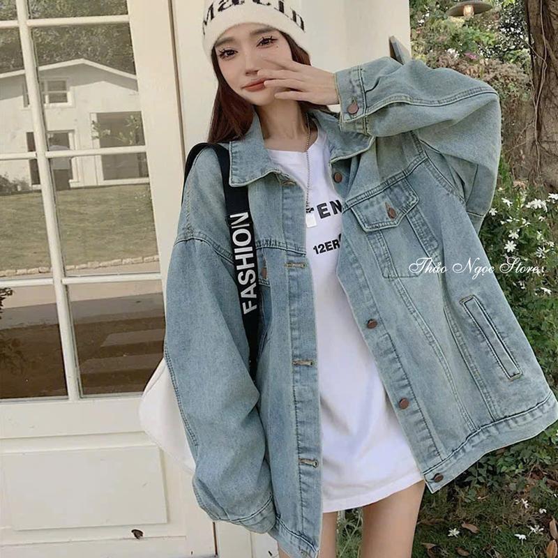 Áo khoác jean nữ trơn tay dài form rộng màu xanh Nhạt! THẢO NGỌC STORE Nữ Women Top Bò