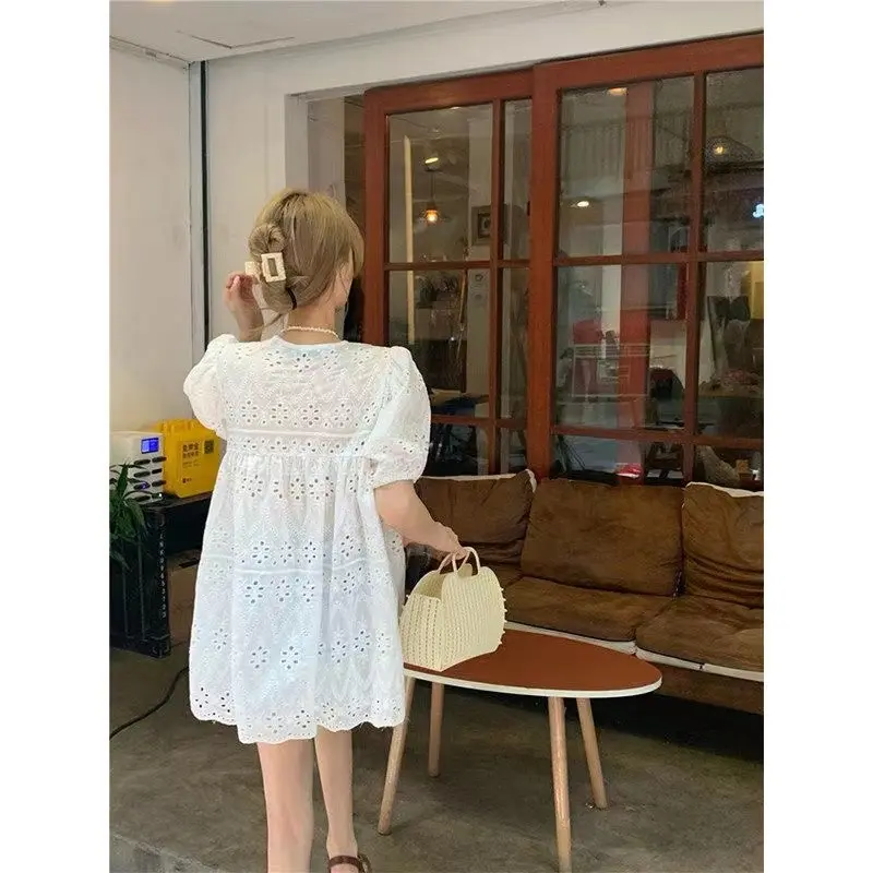 Áo Ren khoét Trắng Kiểu Pháp, Dành Cho Nữ, Dễ Phối Đồ Dáng Rộng Vừa Vặn, Áo Sơ Mi Ngắn Tay, Áo Sơ Mi Tay Phồng 3