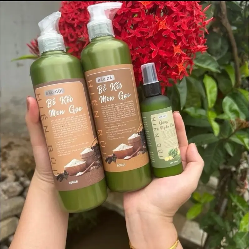 Mua 2 tặng 1] Combo Dầu gội, dầu xả bồ kết men gạo Hiền Bùi tóc mềm mượt, mọc tóc - Tặng 1 Xịt Gừng ngải cứu - Dưỡng Tóc dau go