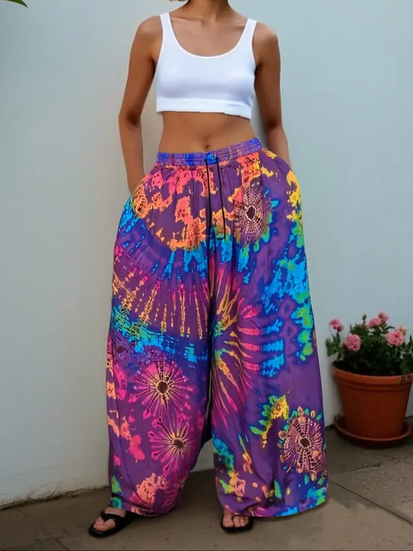 【Plus Size】 All Over Tie Dye Print Pants, Casual Comfy Trousers for Daily Wear, Women's Bottoms for Summer 6