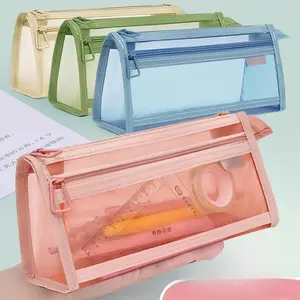 Senyum H1128 Tas Tempat Pensil 2 Lapis Alat Tulis Transparan Jaring Case Grid Ganda Pouch Makeup Portable Perlengkapan Sekolah Serbaguna Resleting Nilon H1058