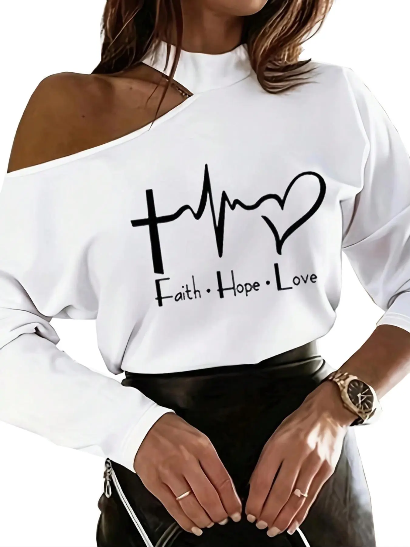 Women's Heart & Letter Print Cut Out Tee, Casual Drop Shoulder Long Sleeve T-shirt for Daily Wear, Ladies Clothes for All Seasons