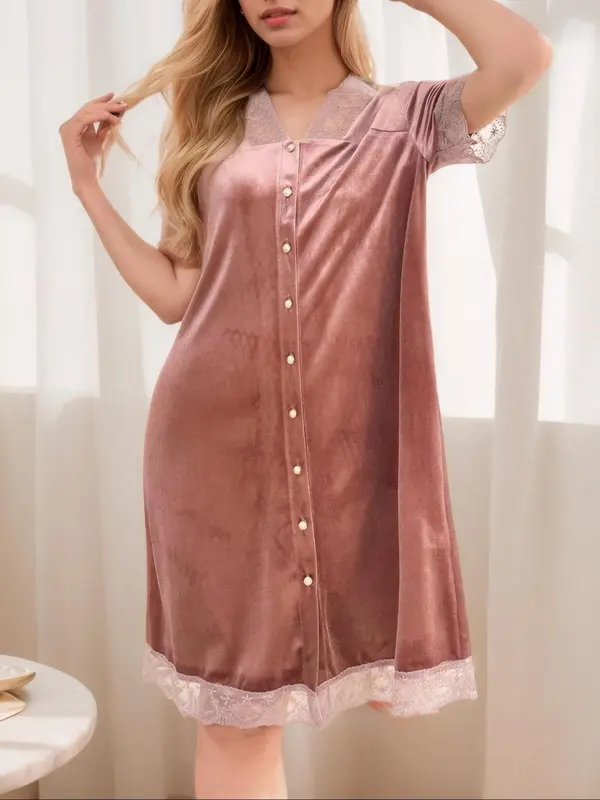 Women's Velvet V Neck Nightdress, Casual Soft Comfortable Short Sleeve Nightgown for All Seasons, Fashion Ladies' Sleepwear for Daily Wear 4