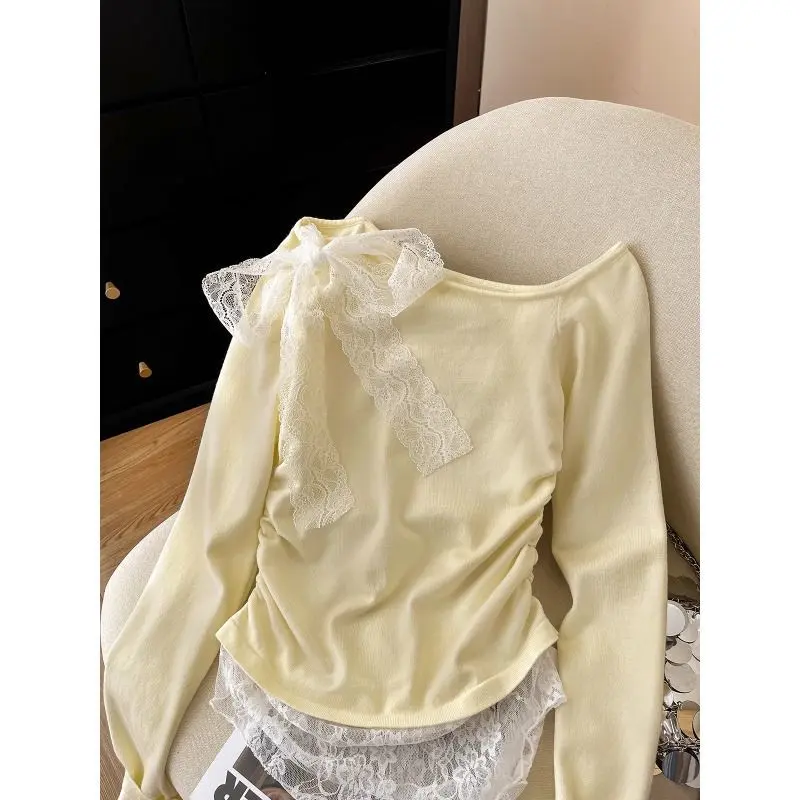 Áo Phông Nhẹ Nhàng, Trễ Vai, Dài Tay Nữ, Dây Đeo Ren, Nơ Bên Trong, Áo Sơ Mi Lớp Nền Trễ Vai, Áo Ngắn 1