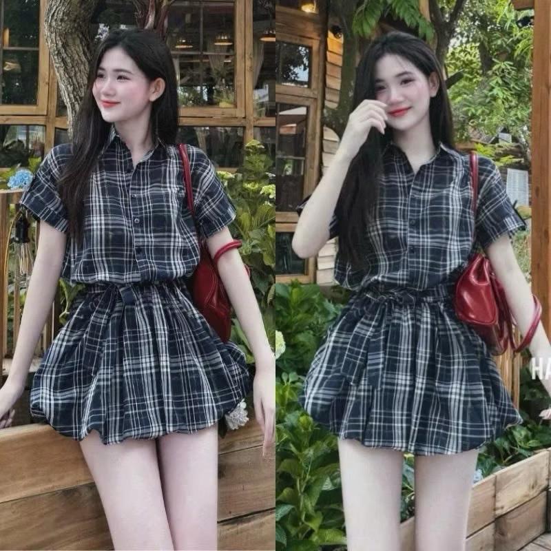 Set Áo Váy Bigsize Nữ, Áo Sơ Mi Caro Tay Ngắn Kèm Dây Đai Phối Chân Váy Bí, Có Quần Bảo Hộ, Tôn Dáng Dễ Thương Cho Chuppy (50-93Kg)- SET854