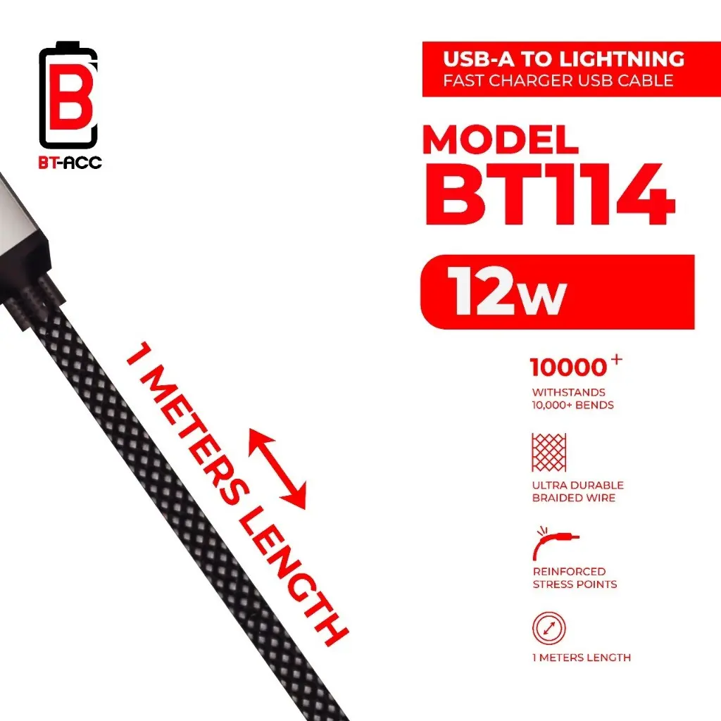 BT-ACC Kabel Data 12W USB A To Lightning For iPh 5 6 7 8 Plus SE X XR XS Max Fast Charging - BT114