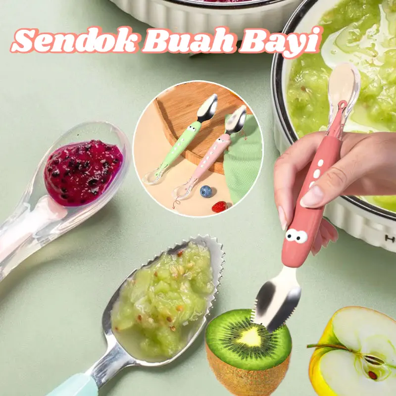 [Berma Baby] Fruit ScrapperSendok Kikis Buah Pengerukan Sendok Makanan Bayi Stainless Steel 2 in 1 BPA FREE