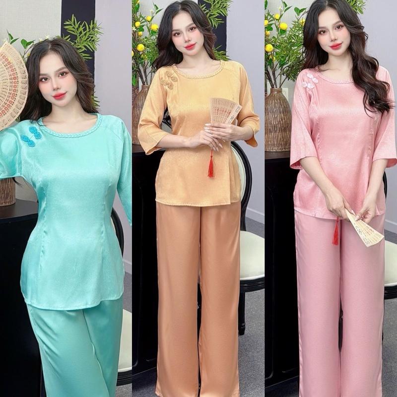 BỘ ĐỒ LAM ĐI CHÙA (Bigsize 65-110kg ) Áo Lụa Gấm Cao Cấp - Quần Lụa Latin Pháp Mềm Mát Nữ Top