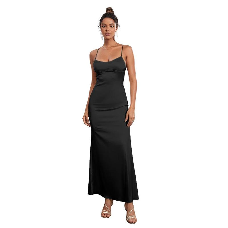 Product Introduction of Women's Summer Long Slip Dress Solid Color Sleeveless Spaghetti Strap Low Cut BacklessDress 40