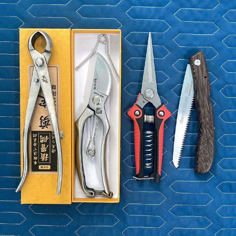 Bộ dụng cụ làm vườn cây cảnh 4 món - Kéo cắt tỉa cành cây, cạp tròn trắng, cưa gấp cán gỗ 13cm lưỡi siêu mịn