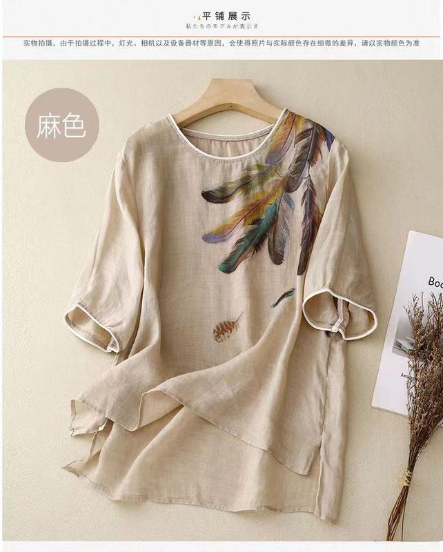 Product Introduction of Cotton and linen top retro art floral print summer New loose round neck breathable versatile thin short sleeve t-shirt 4