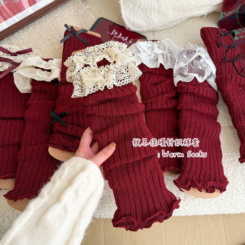Product Introduction of Foot Sock Women's Autumn and Winter Red Leg Warmer Lolita Korean Lace New Year's Week Red Ballet Style JK Calf Socks 1