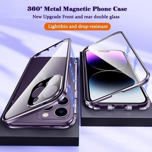360 °   Metal Magnetic Adsorption Case For iPhone 16 15 14 Plus 13 Pro Max Cases Original Purple Metal Alloy Frame Double Sided Glass Cover
