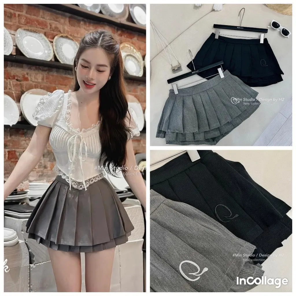 Chân váy xếp ly+ thêu. 2 màu đen  -ghi Nữ Voan Women Kem Voi