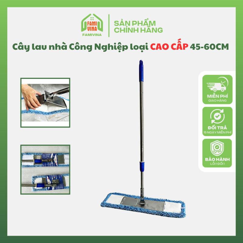 Cây lau nhà công nghiệp sợi bông San Hô bản CAO CẤP-Cây lau sàn thiết kế bản lau và thân cây DÀY DẶN cứng cáp (45-60cm)  khóa tăng đưa dài 1m5