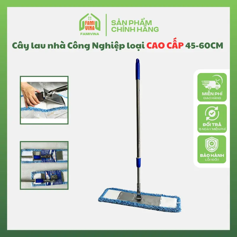 Cây lau nhà công nghiệp sợi bông San Hô bản CAO CẤP-Cây lau sàn thiết kế bản lau và thân cây DÀY DẶN cứng cáp (45-60cm)  khóa tăng đưa dài 1m5 0