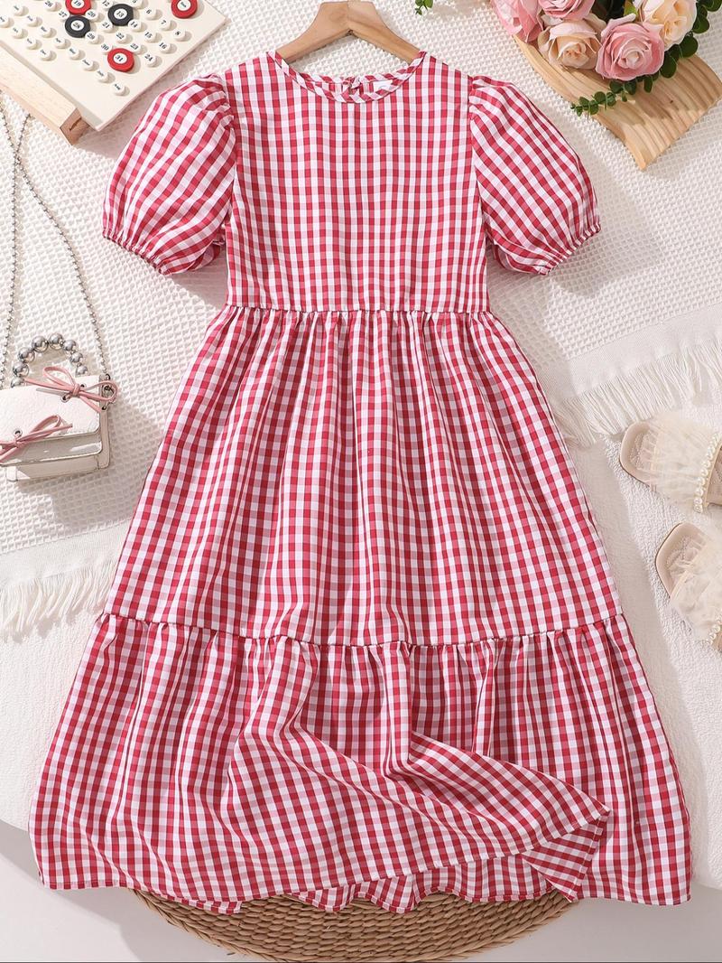 Product Introduction of Girl's Plaid Print Short Sleeve Dress, Casual Round Neck Dress for Summer, Kids Clothes for Daily Wear 1