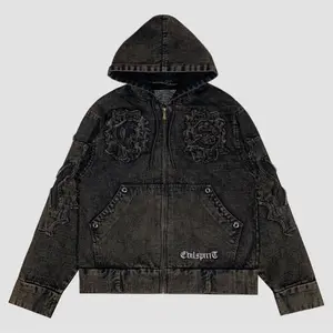 EVILSPIRIT HOODIE DENIM - FLOWRIS WASHED UNISEX Pria Zipper Tebal Custom Bordir Hitam Vintage