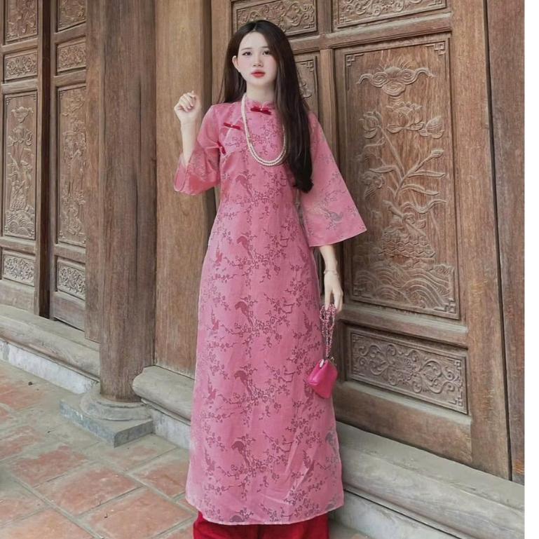 Áo dài nữ 4 tà đính nơ ngực from xuông phối tay lỡ trẻ trung năng đông,  đường may tỉ mỉ _Áo Dài Minh Nhật