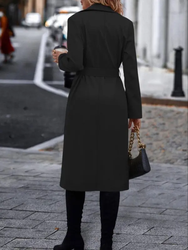 Women's Solid Color Belted Trench Coat, Casual Long Sleeve Coat for Fall & Winter, Women's Clothing for Daily Wear 1