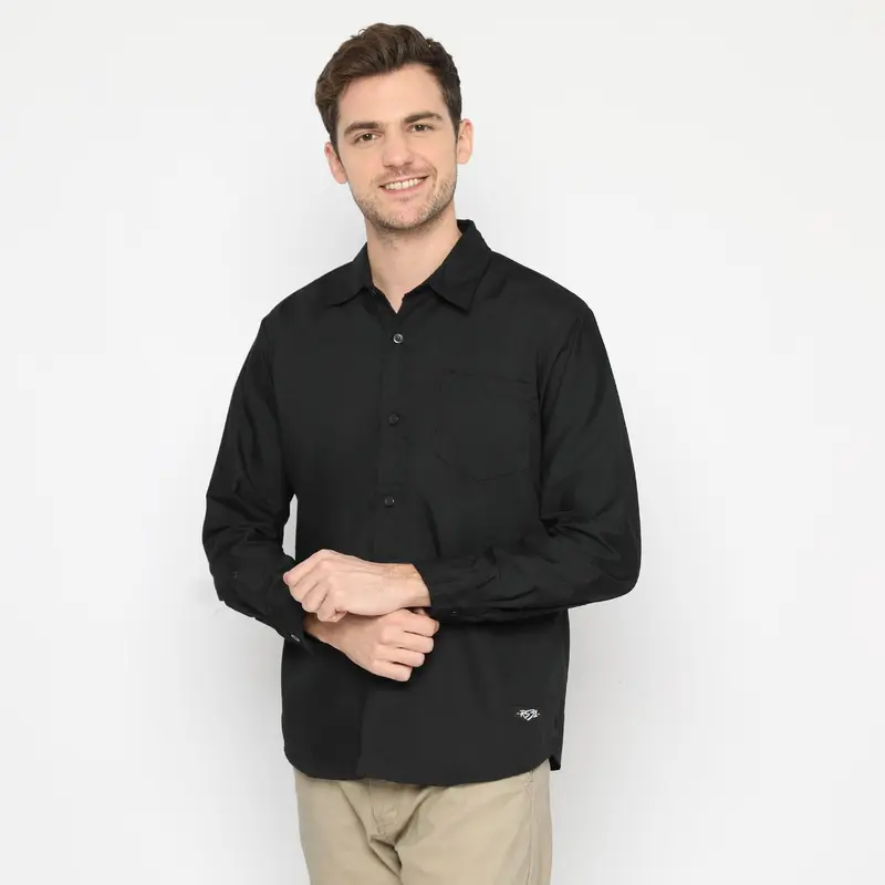 RS31 Baju Kemeja Alaska Shirt Black Basic Cowok Jumbo - Kemeja Lengan Panjang Pria Hitam Polos Super Big Size 2