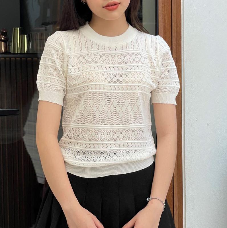 Áo Nữ Thiết Kế Mùa Hè, Họa Tiết Kẻ Sọc Kim Cương, Cổ Tròn Hàng Loại 1 Nữ Women Kem Top Nhung Thoáng khí 5