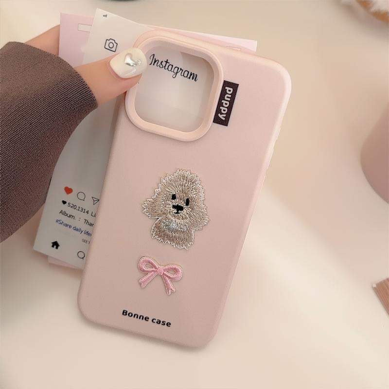 Product Introduction of 【Hot new models】Pink puppy bow tie poodle dog Embroidery art Phone Case For iPhone 16 15 14 13 12 11 Pro Max Case Cute Sweet Cartoon Soft Cover 1