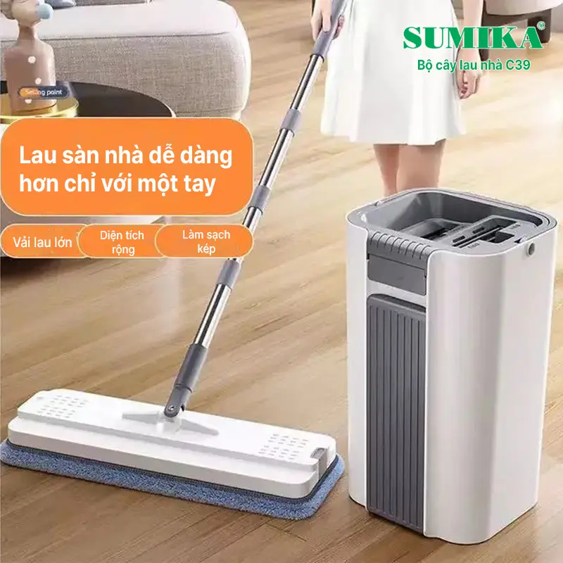 Bộ cây lau nhà SUMIKA C39, thùng lau nhà 2 ngăn tự vắt thông minh, chổi lau sàn nhà 360 độ, 2 bông lau, 1 móc treo cây lau sàn 3