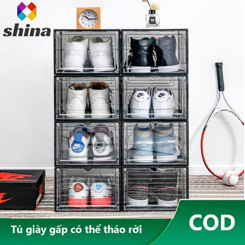 Hộp đựng giày nhựa cứng cửa trong suốt cửa nam châm size lớn nắp kính mica,…