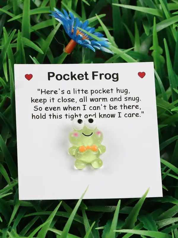 Cute Frog Design Pocket Hug Charm, with Inspirational Card, Greeting Card, Gifts for Wife, Pastel Color Pocket Frog with Card, Warm Gift, Emotional Support, Cute Green Frog Collectible, Positive Message Card 2