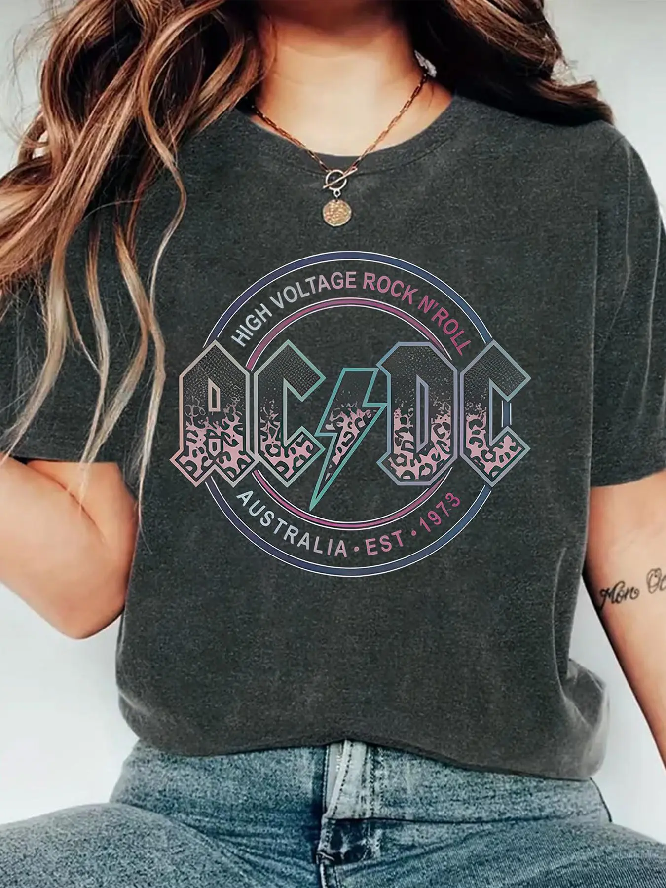 Women's High Voltage Rock Band Graphic Round Neck Tee, Vintage T-shirt for Daily Wear, Ladies Summer Outfit, Top