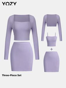 YOZY Three-Piece Set Women's Solid Ribbed Long Sleeve Open Front Crop Outerwear & High Waist Bodycon Skirt & Cami Top Set, Casual Spring & Fall Outfits Clothes for Ladies