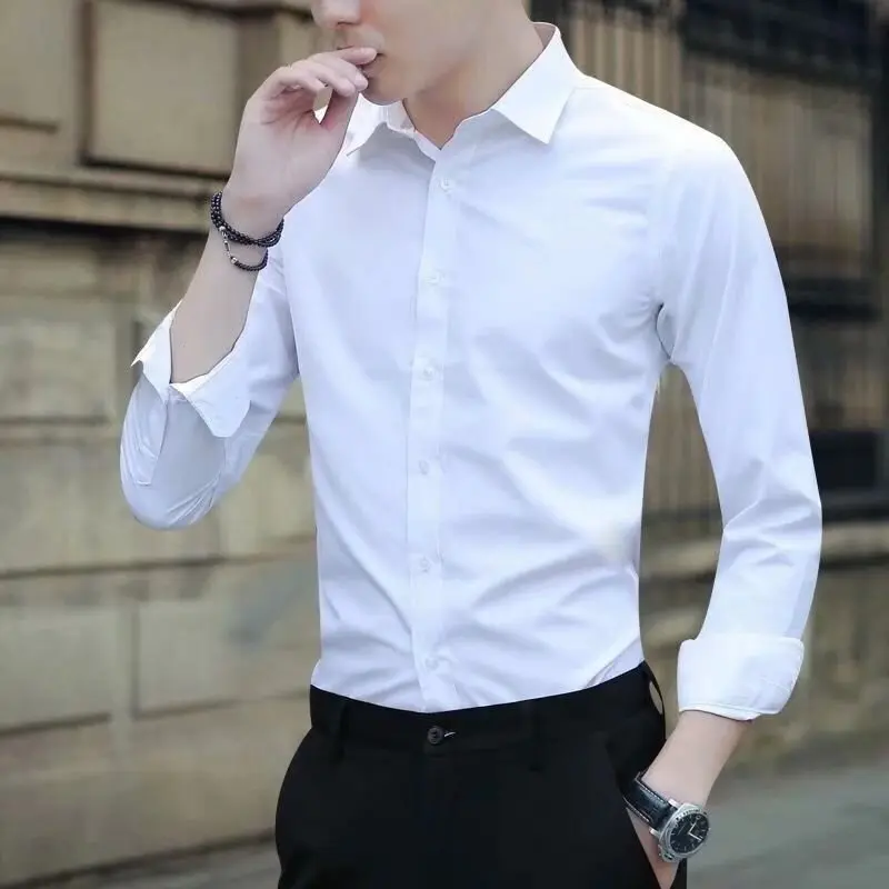 Áo Sơ Mi Nam, Màu Trắng, Dài Tay, Thích Hợp Cho Mùa Thu, Hợp Xu hướng, Thích Hợp Đi Làm Và Công Tác, Dáng Ôm, Phong Cách Hàn Quốc, Đẹp Trai, Quần Áo Công Sở, Thời Trang
