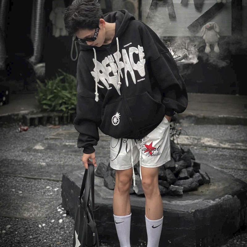 Áo Nữ Hoodie From Rộng Tay Bồng Phối Vai Nữ In 2 Mặt - Chữ Chảy Nhung Top 2