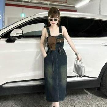 Yếm váy jean dài nữ phong cách, Yếm váy dài  rút dây eo Dress Women  [MaiClothing]