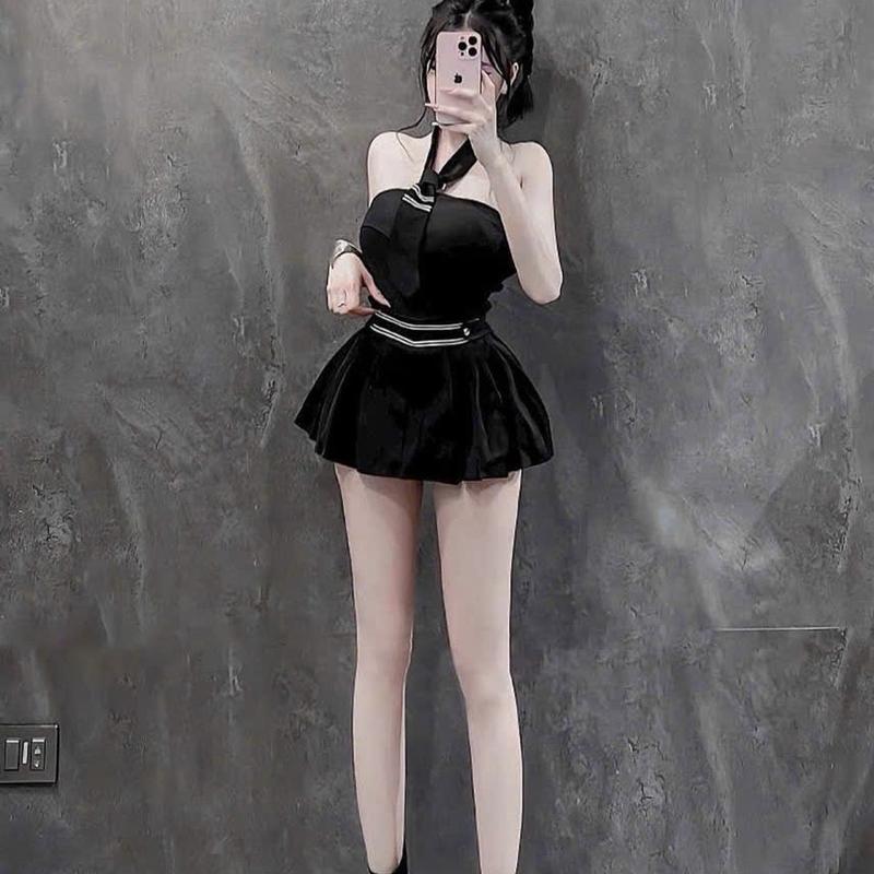 Set nữ 3 món áo ống quây cúp ngực có mút, cavat, chân váy xếp ly - 0080 top women