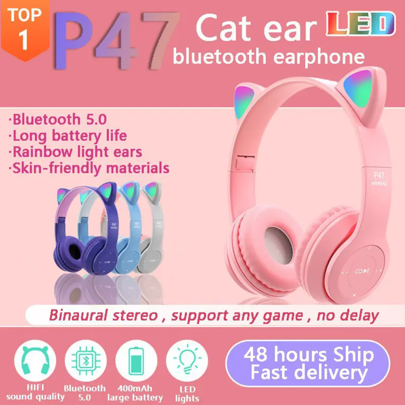 Headphone Headset Bando Bluetooth P47m Rgb Led Cat Earphone Wireless Stereo Bass Headset Gaming Buat Hp Headphone Anak Perempuan Earphones 0