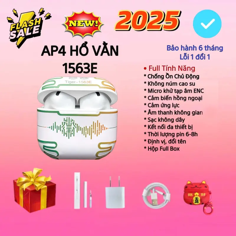 Tai Nghe AP4 Hổ Vằn 1563E, Bản Cao Cấp, Chống Ồn Chủ Động, Cảm Biến Hồng Ngoại, Cảm ứng Lực, Âm Thanh Không Gian, Micro Khử ồn ENC, Bluetooth 5.3 Nhét Tai, Kem, Tặng Ốp + Bộ Sạc 5V-1A+ Bộ Vệ Sinh Earphone, Bảo Hành 6 Tháng - Lỗi 1 Đổi 1 0