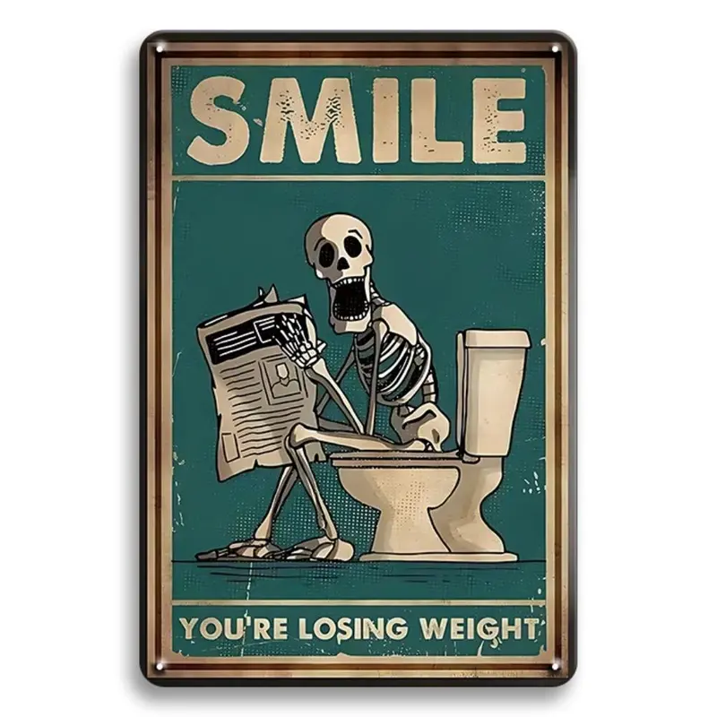 Skeleton Reading Newspaper Toilet Sign, 1 Count Metal Tin Sign, Wall Art for Home, Restaurant, Bar & Garage Decor 0