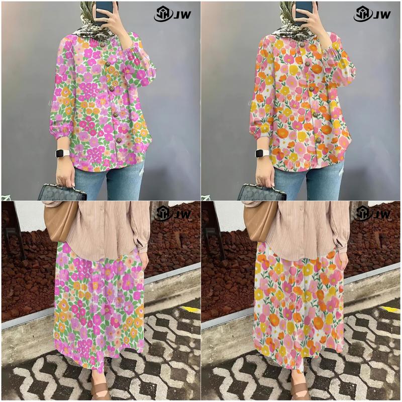 Product Introduction of Baju Raya 2025 Viral Nude Blouse Puff Sleeve Muslim Shirt Long Dress Korean Style Muslimah Small Floral Muslim Shirt + Skirt Set 22