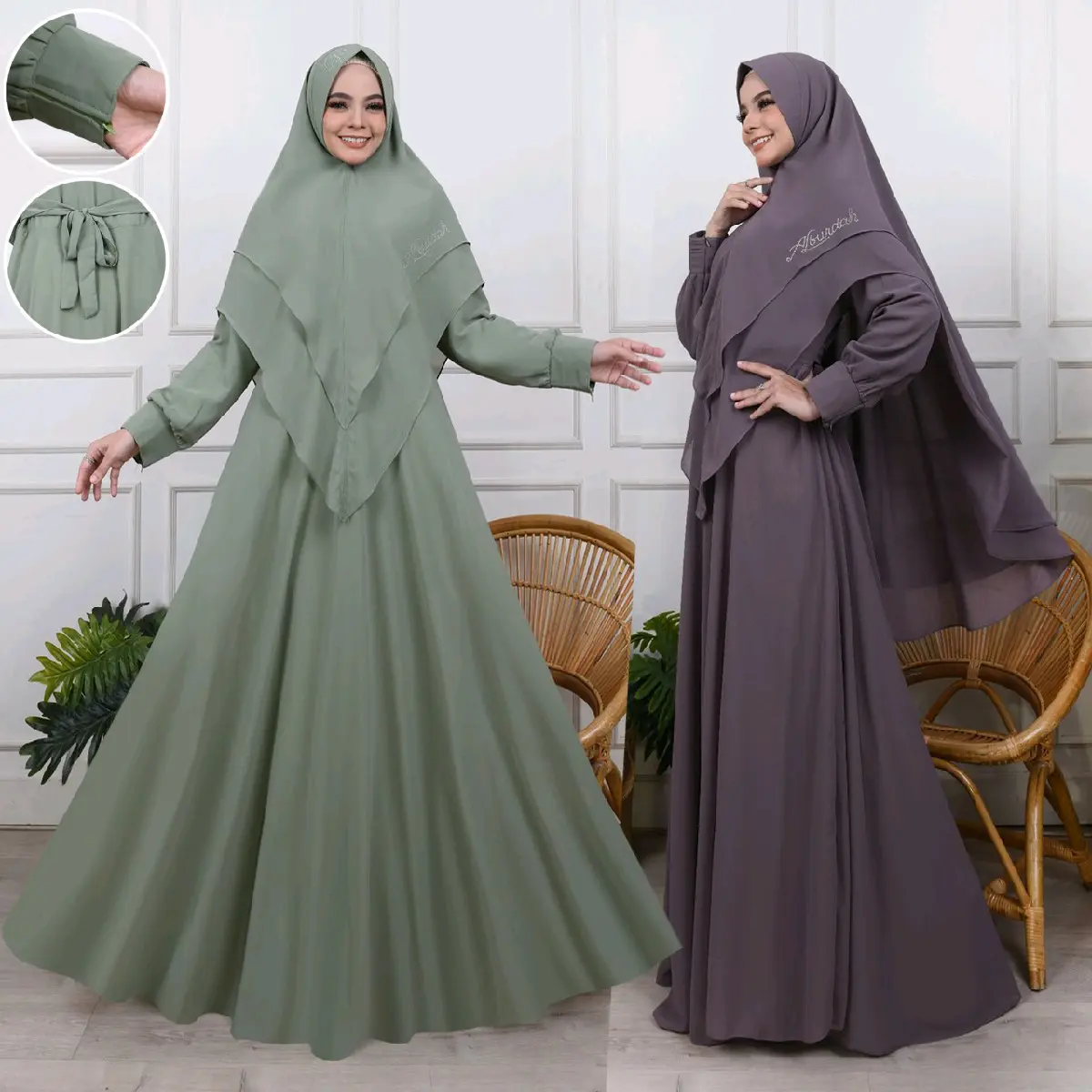 Gamis ceruty polos jumbo set kerudung Baju ibu ibu jumbo mewah terbaru Syari Wanita Muslim Khimar Layer
