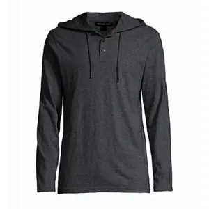 kaos hoodie pria lengan panjang polos model kancing di depan warna hitam putih bahn katun Santai Polos Lembut